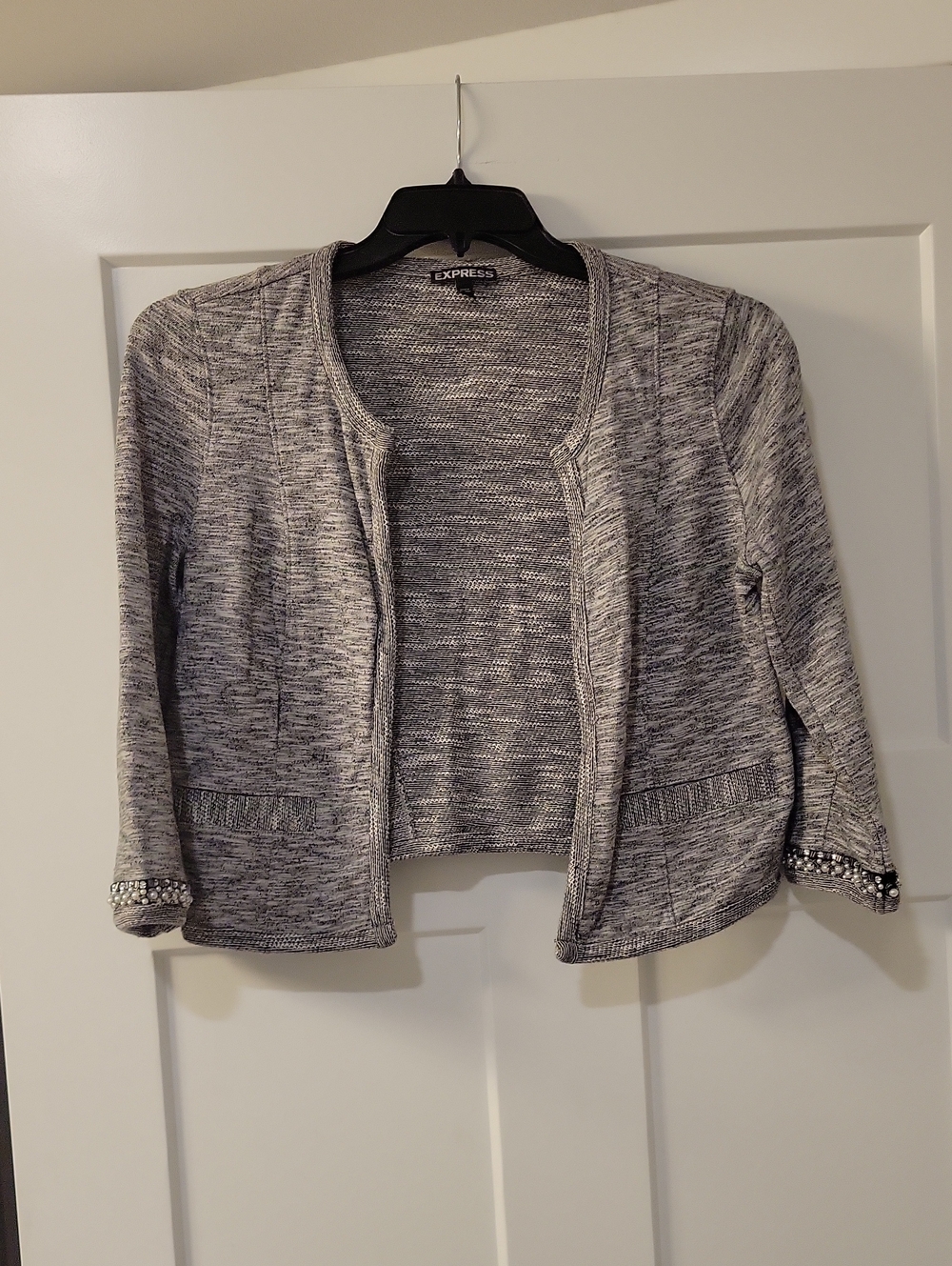 Express Gray Marled Open-Front Cardigan with Embellished Cuffs